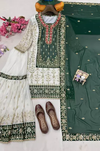 Green faux georgette embroidered sharara set