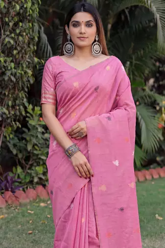 PINK LINEN JACUARD WORK SAREE WITH UNSTITCHED BLOUSE PIECE