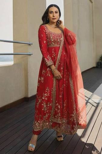 Red georgette embroidered flared gown set