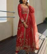 Red georgette embroidered flared gown set