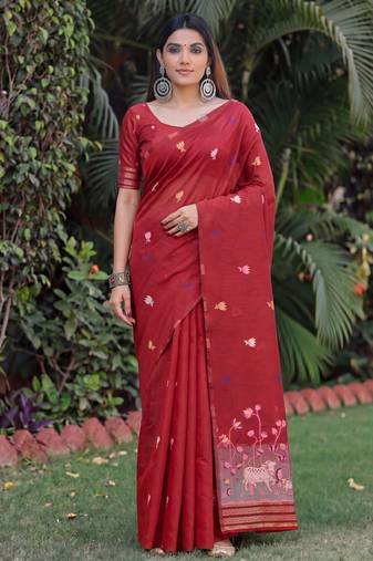 RED LINEN JACUARD WORK SAREE WITH UNSTITCHED BLOUSE PIECE