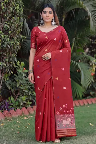 RED LINEN JACUARD WORK SAREE WITH UNSTITCHED BLOUSE PIECE