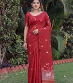 RED LINEN JACUARD WORK SAREE WITH UNSTITCHED BLOUSE PIECE