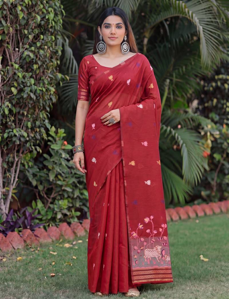 RED LINEN JACUARD WORK SAREE WITH UNSTITCHED BLOUSE PIECE