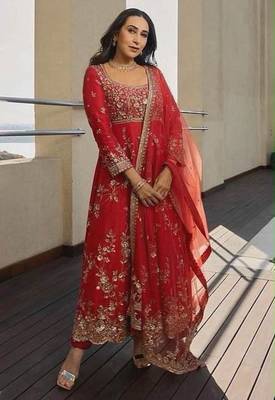 Red georgette embroidered flared gown set 2