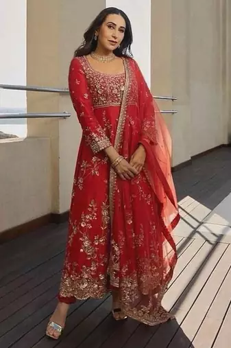 Red georgette embroidered flared gown set