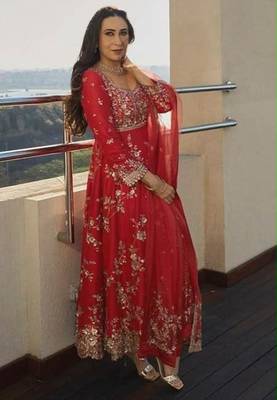 Red georgette embroidered flared gown set 3