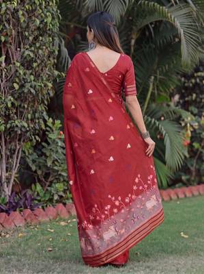 RED LINEN JACUARD WORK SAREE WITH UNSTITCHED BLOUSE PIECE 2