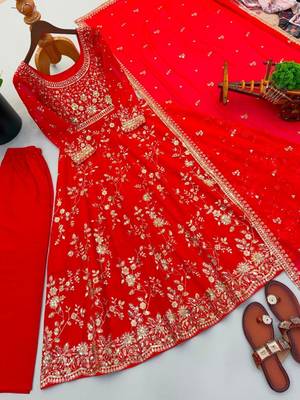 Red georgette embroidered flared gown set 4