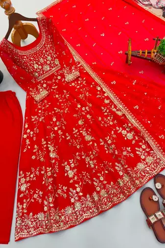Red georgette embroidered flared gown set