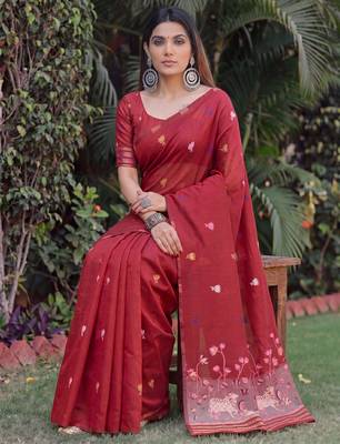 RED LINEN JACUARD WORK SAREE WITH UNSTITCHED BLOUSE PIECE 3