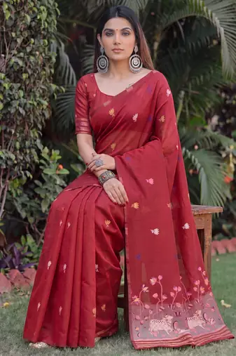 RED LINEN JACUARD WORK SAREE WITH UNSTITCHED BLOUSE PIECE