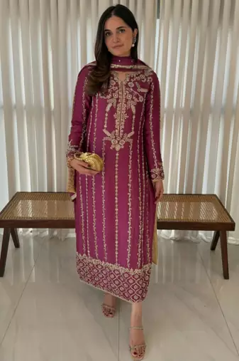 Rani-pink silk blend embroidered kurta set