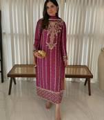 Rani-pink silk blend embroidered kurta set