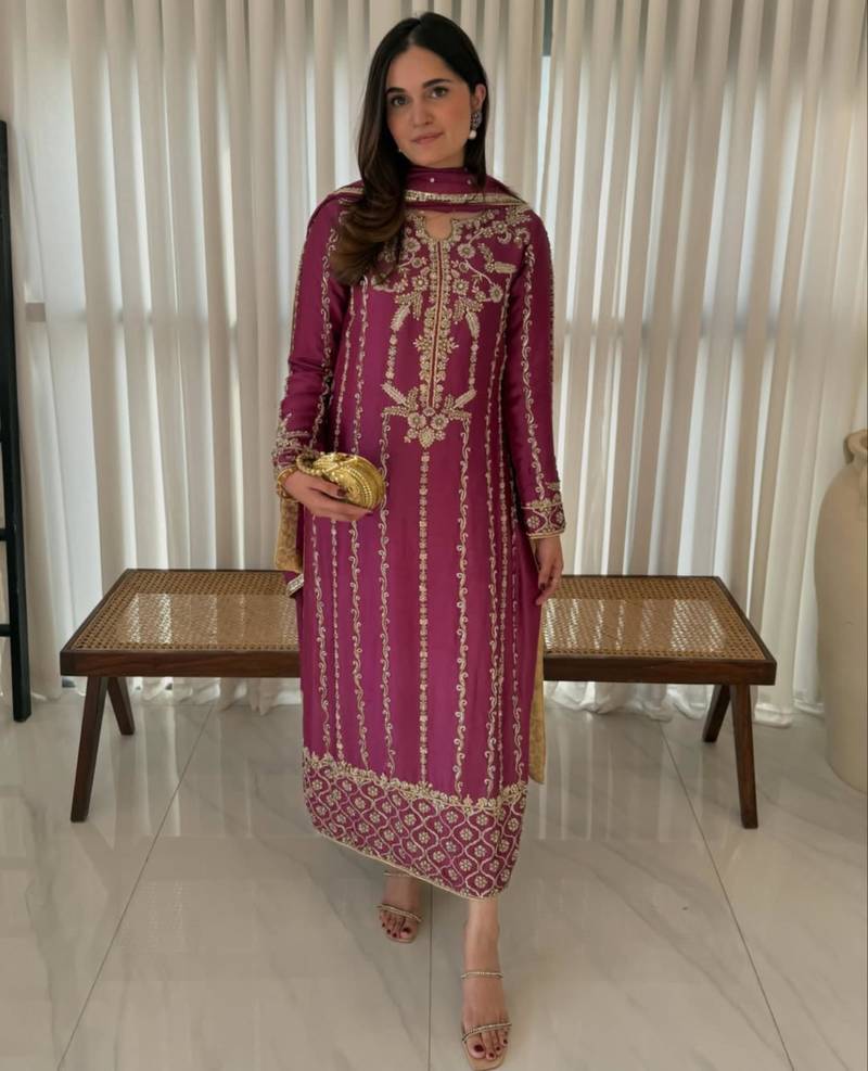 Rani-pink silk blend embroidered kurta set