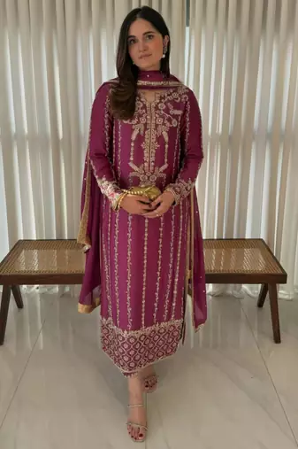 Rani-pink silk blend embroidered kurta set