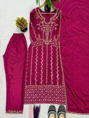 Rani-pink silk blend embroidered kurta set 3