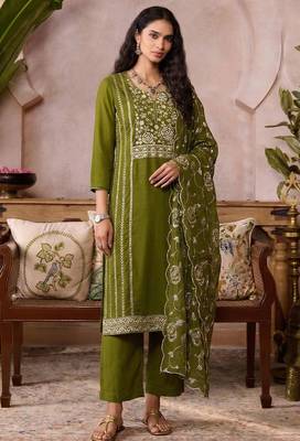 Mehendi pure organza heavy thread embroidery, mirror, sequins with hand work readymade salwar kameez 1