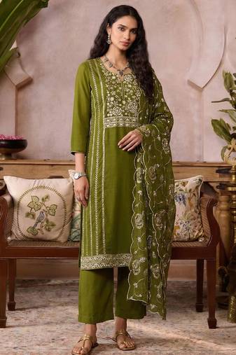 Mehendi pure organza heavy thread embroidery, mirror, sequins with hand work readymade salwar kameez