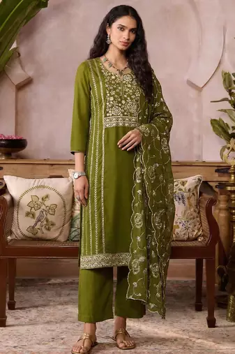 Mehendi pure organza heavy thread embroidery, mirror, sequins with hand work readymade salwar kameez