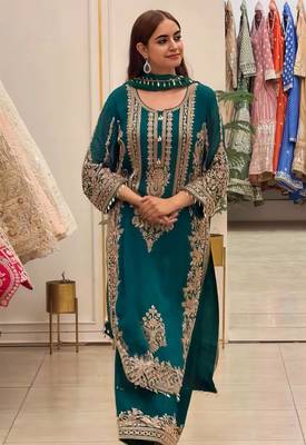 Teal faux georgette embroidered kurta set 1