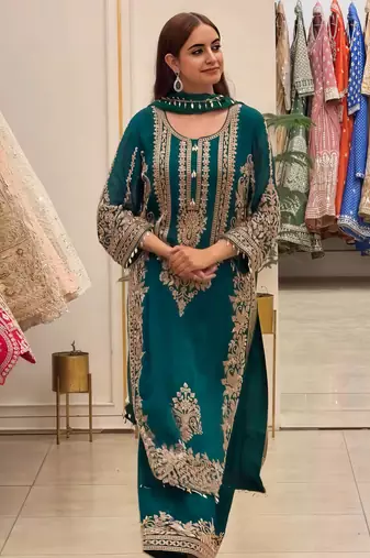 Teal faux georgette embroidered kurta set