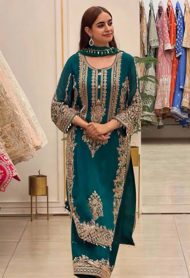 Teal faux georgette embroidered kurta set