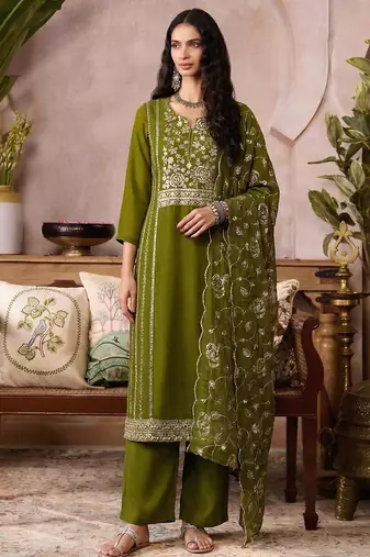 Mehendi pure organza heavy thread embroidery, mirror, sequins with hand work readymade salwar kameez