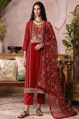 Red pure organza heavy thread embroidery, mirror, sequins with hand work readymade salwar kameez