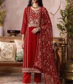 Red pure organza heavy thread embroidery, mirror, sequins with hand work readymade salwar kameez