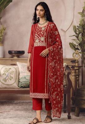 Red pure organza heavy thread embroidery, mirror, sequins with hand work readymade salwar kameez 2