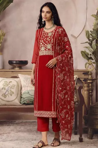 Red pure organza heavy thread embroidery, mirror, sequins with hand work readymade salwar kameez