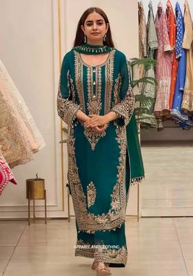 Teal faux georgette embroidered kurta set 2