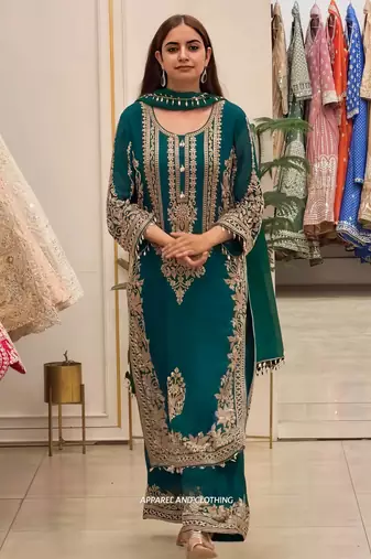Teal faux georgette embroidered kurta set