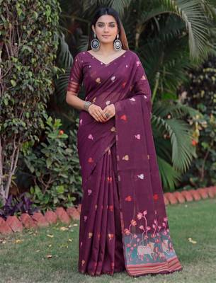 WINE LINEN JACUARD WORK SAREE WITH UNSTITCHED BLOUSE PIECE 1
