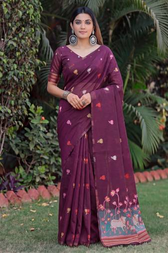 WINE LINEN JACUARD WORK SAREE WITH UNSTITCHED BLOUSE PIECE