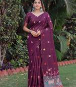 WINE LINEN JACUARD WORK SAREE WITH UNSTITCHED BLOUSE PIECE