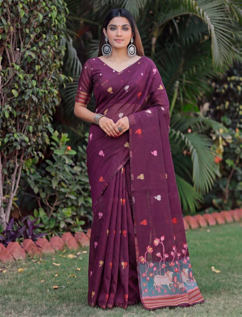 WINE LINEN JACUARD WORK SAREE WITH UNSTITCHED BLOUSE PIECE