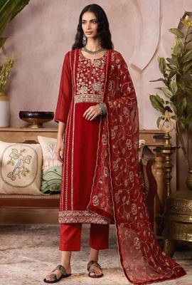 Red pure organza heavy thread embroidery, mirror, sequins with hand work readymade salwar kameez 3