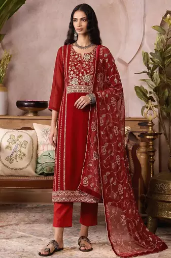 Red pure organza heavy thread embroidery, mirror, sequins with hand work readymade salwar kameez