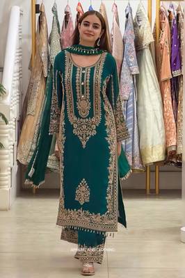 Teal faux georgette embroidered kurta set 3