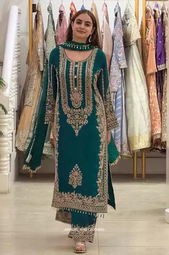 Teal faux georgette embroidered kurta set