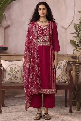 Rani pink pure organza heavy thread embroidery, mirror, sequins with hand work readymade salwar kameez 1