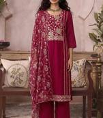 Rani pink pure organza heavy thread embroidery, mirror, sequins with hand work readymade salwar kameez