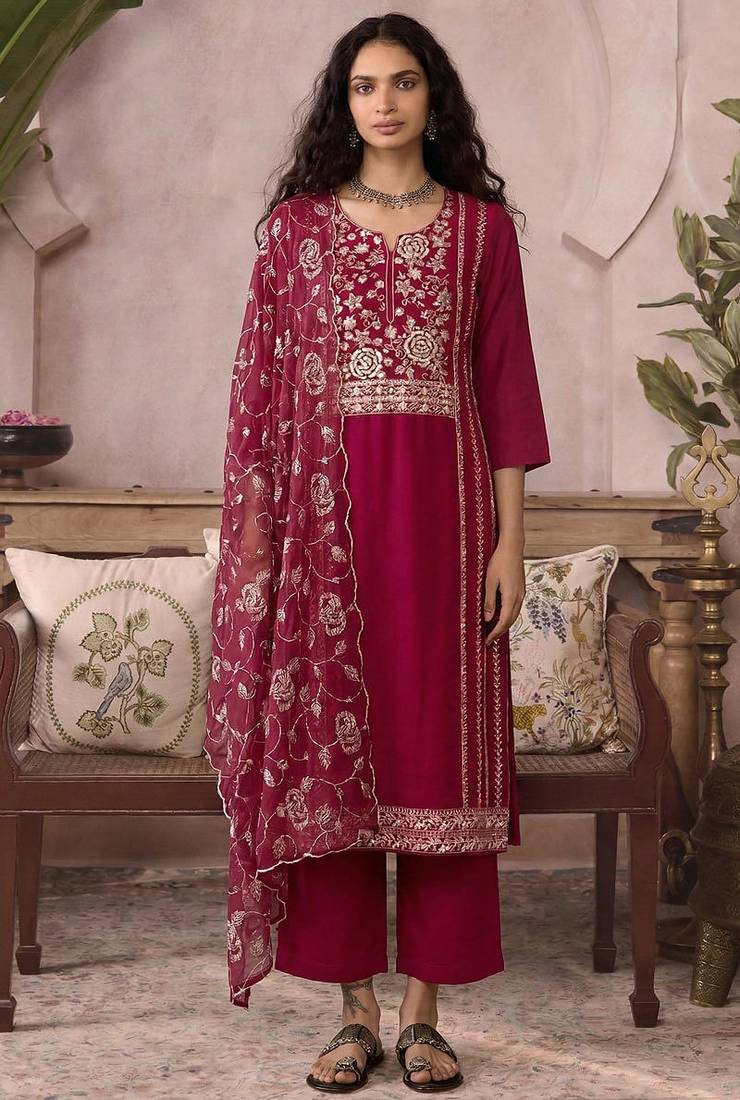 Rani pink pure organza heavy thread embroidery, mirror, sequins with hand work readymade salwar kameez