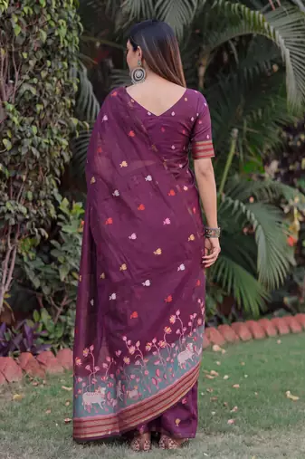 WINE LINEN JACUARD WORK SAREE WITH UNSTITCHED BLOUSE PIECE