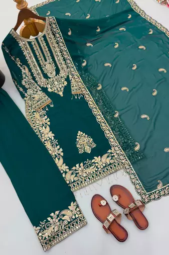 Teal faux georgette embroidered kurta set