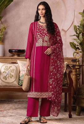 Rani pink pure organza heavy thread embroidery, mirror, sequins with hand work readymade salwar kameez 2