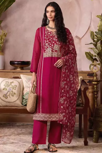 Rani pink pure organza heavy thread embroidery, mirror, sequins with hand work readymade salwar kameez