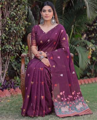 WINE LINEN JACUARD WORK SAREE WITH UNSTITCHED BLOUSE PIECE 3